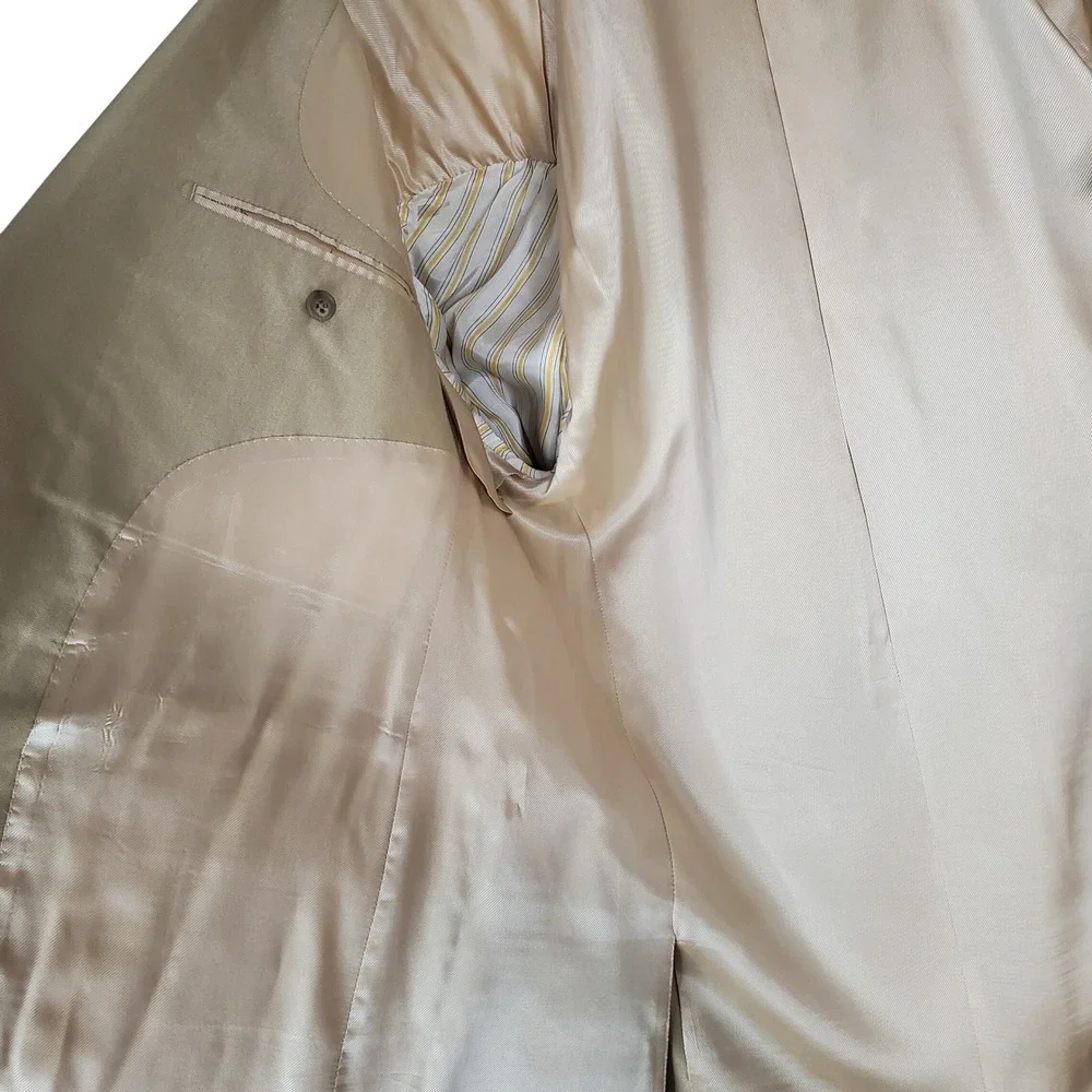 Sean John 43R 37R Gold Beige Silk Wool Two-Piece Suit Blazer Pants Career Formal